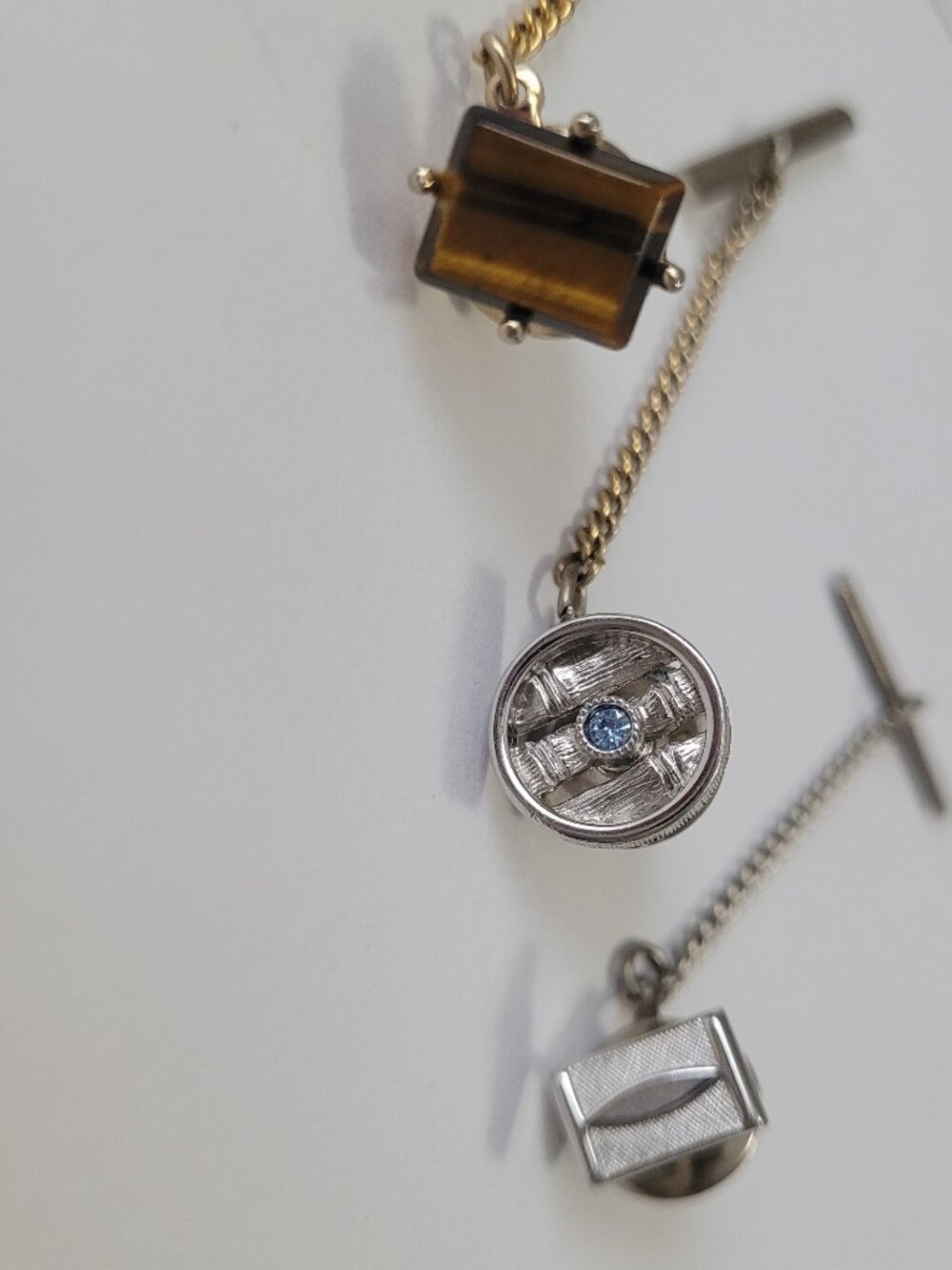 3 Vintage Swank Tie Pins & 1 Tie Clip Tiger Eye Blue Stone Gold Tone Silver Tone